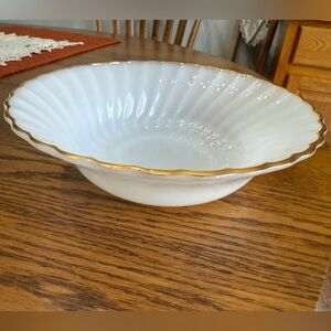 Vintage Anchor Hocking Fire-King Swirl Milk Glass Serving Bowl with Gold Trim